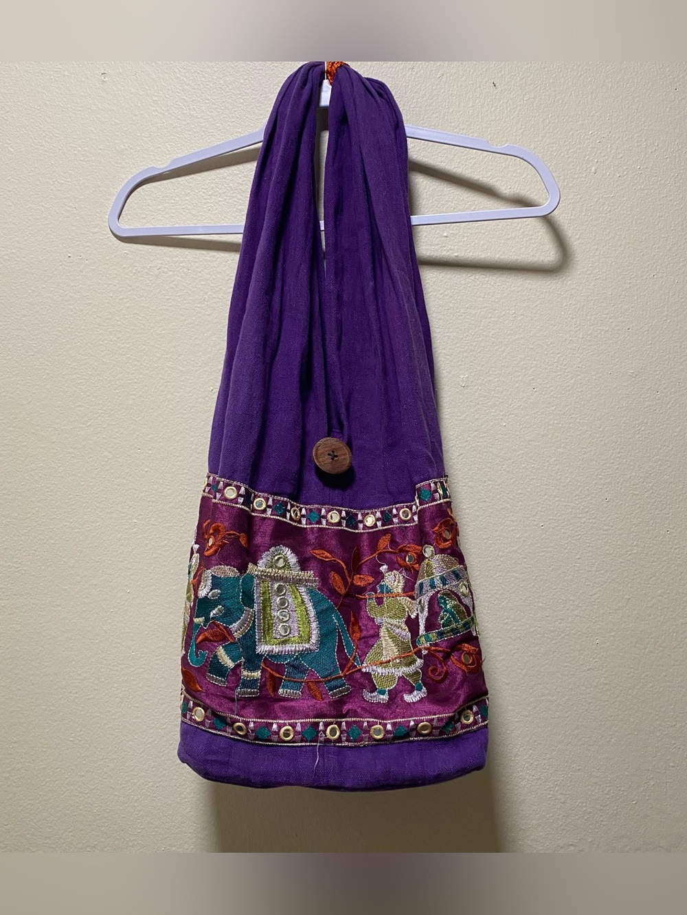 Purple Embroidered Boho Sling Bag Elephant Mirror Work Ethnic